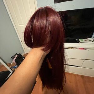 Wine red long hair. Comes with bangs and wig cap.